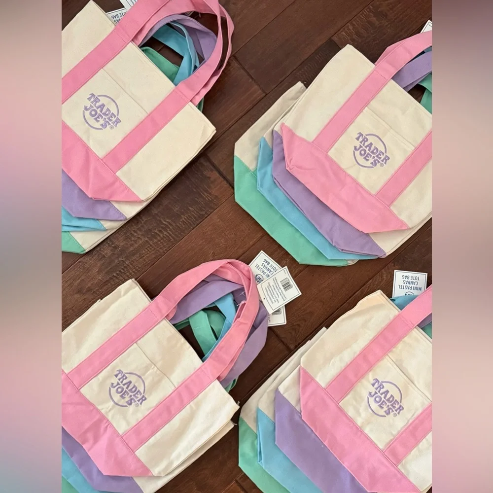 TRADER JOE'S MINI PASTEL CANVAS TOTE BAG, NEW SPRING PASTEL COLORS  
4 BAGS SET - Picture 2 of 2